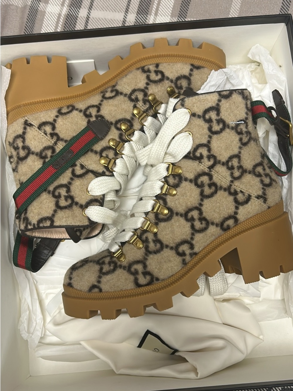 Gucci Beige GG Wool platform Boot with